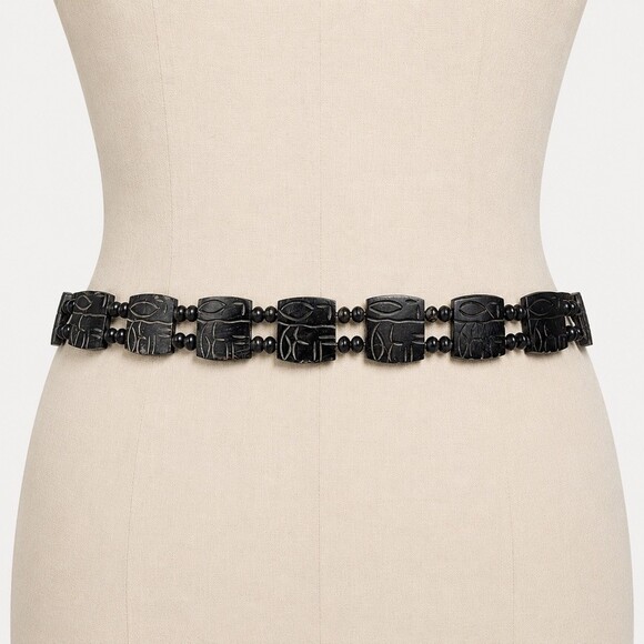 Vintage Carved Bone Black Beaded Link Belt Women Adjustable Tie Waist 30\